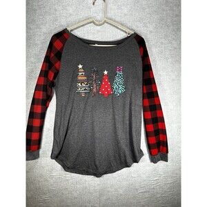 Christmas Tree Shirt for Women Plaid Top Size Medium Long Sleeve Holiday